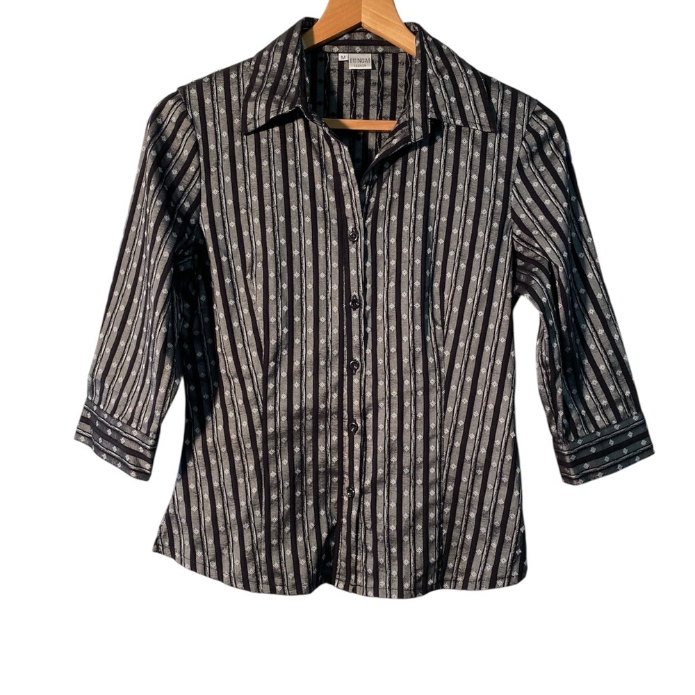 Chic Black and Gray Striped Button-Down Shirt